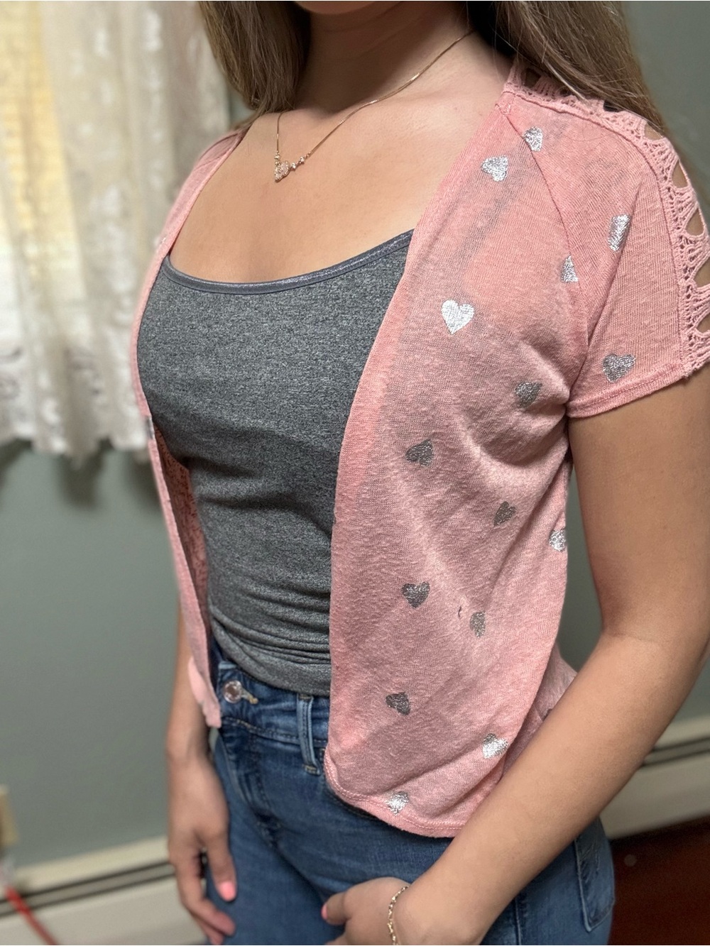 Self Esteem Pink Short Sleeve Open Cardigan with Silver Heart Accents